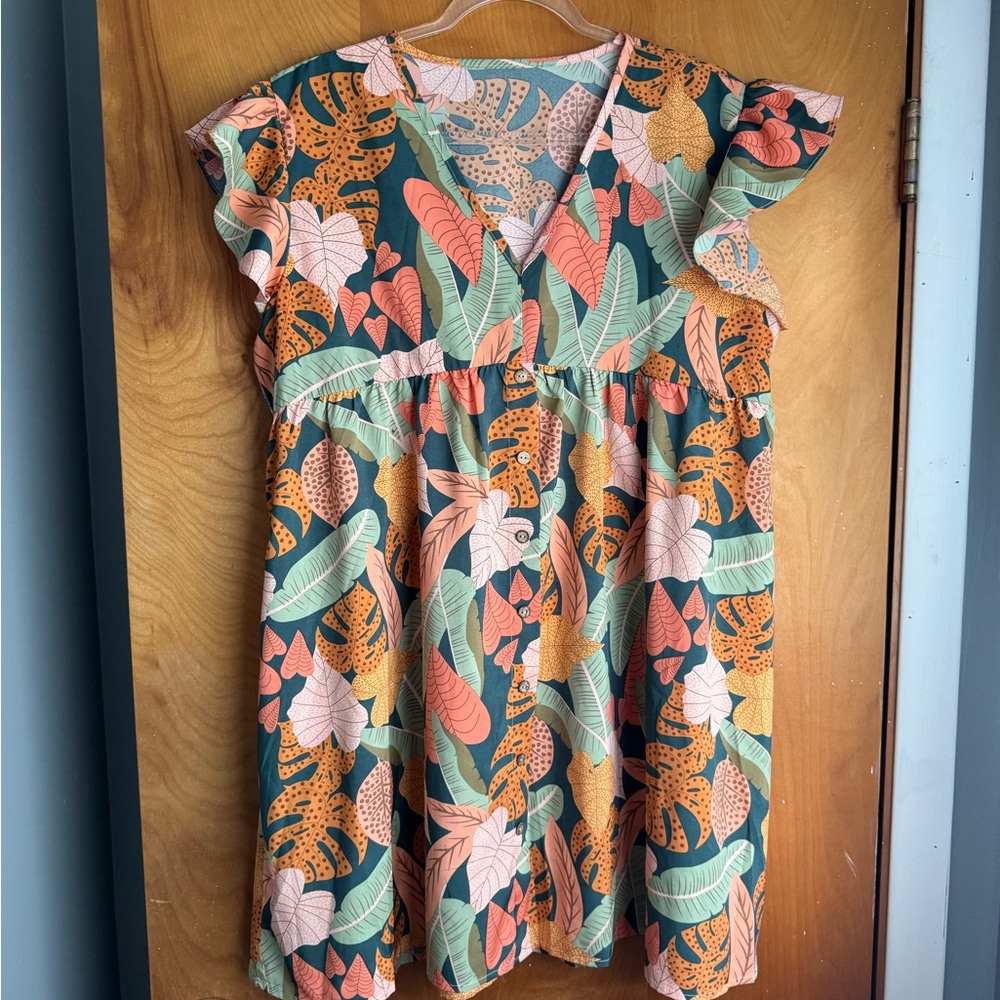 Tropical Leaf Print Mini Dress